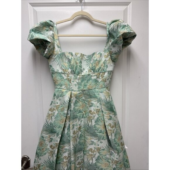 MAC DUGGAL Size 4 Green Floral Brocade 68276 Puff Sleeve High Low Gown Dress New - Picture 6 of 12